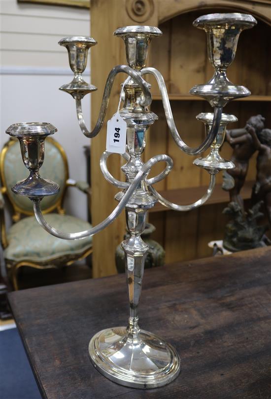 A pair of silver-plated Adam style five-light candelabra, H 21in